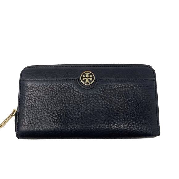Tory Burch Black Landon Zip Around Continental Wallet Pebbled Leather Gold Tone - Picture 1 of 13